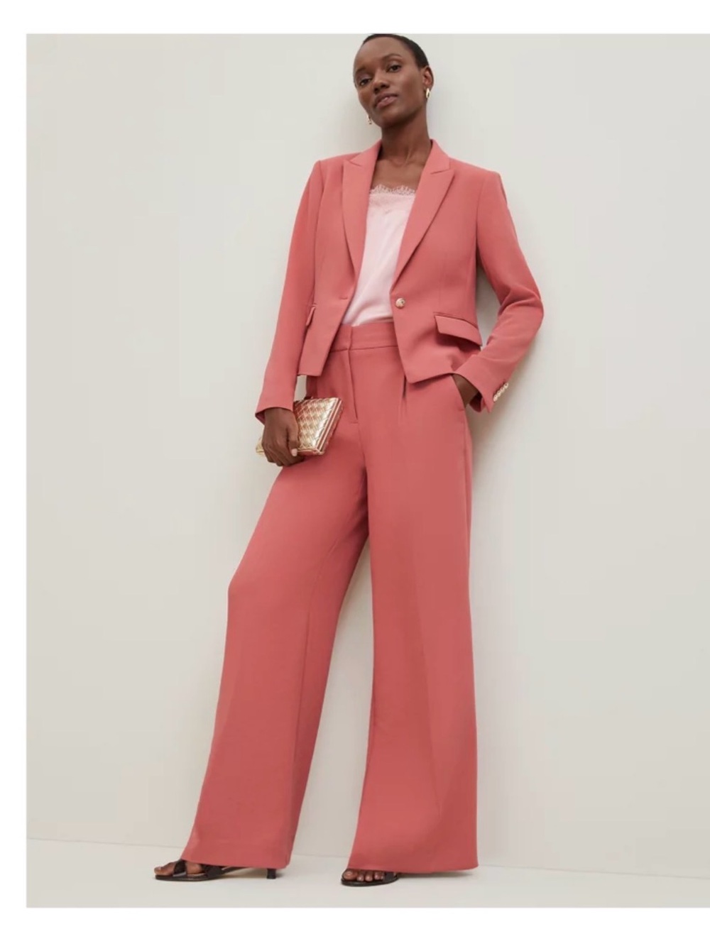 Ann Taylor Petite Rose Pink Single-Button Tailored Blazer and Wide-Leg Pants